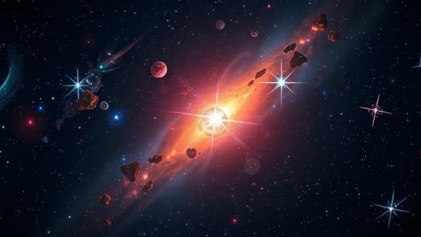 Colorful cosmic image of young stellar objects in star field.