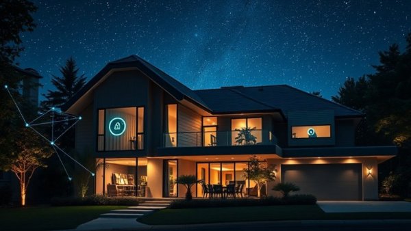 Futuristic smart home network, supercharge your smart home in 2026, night view.
