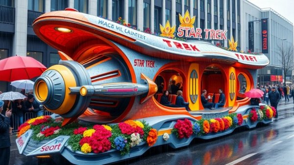 Festive Star Trek parade float showcasing space innovation in a rainy parade.