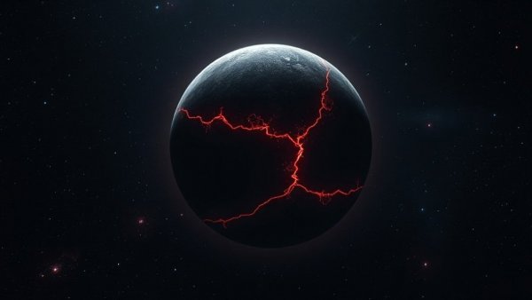 Mysterious rogue planet with glowing cracks in deep space.