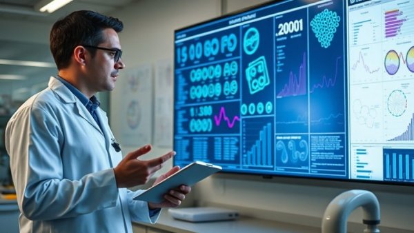 Scientists in a lab discussing genome charts on screen.