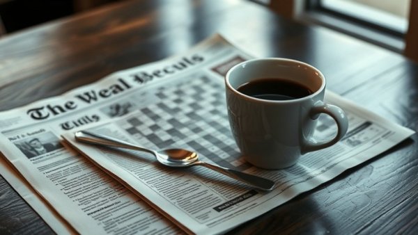 Cup of coffee on newspaper with crossword puzzle, relaxing setting.