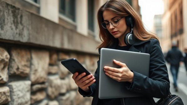 Woman embracing consumer technology outdoors.