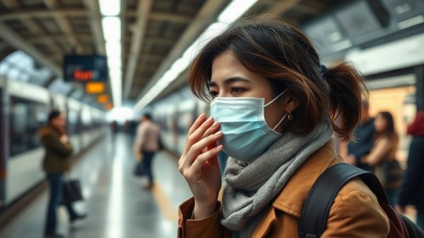 Woman with mask coughing in train station, highlighting lung health.