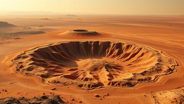 3D rendering of Mars ancient lakebed with crater formations