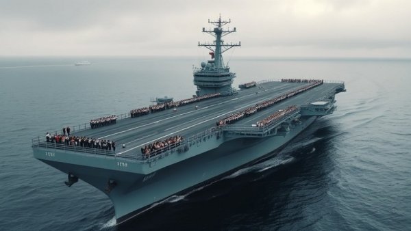 Aircraft carrier emphasizing military strategy with crew at sea.