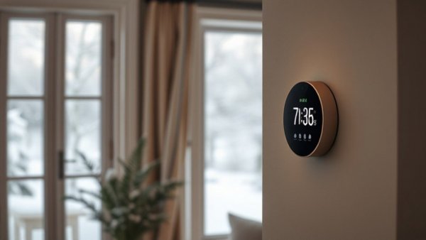 Sleek digital thermostat in modern home, consumer technology.