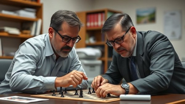 Two men playing a strategic board game in an office setting.