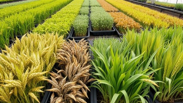 Grain crops as biosensors showing healthy and wilting plant conditions.