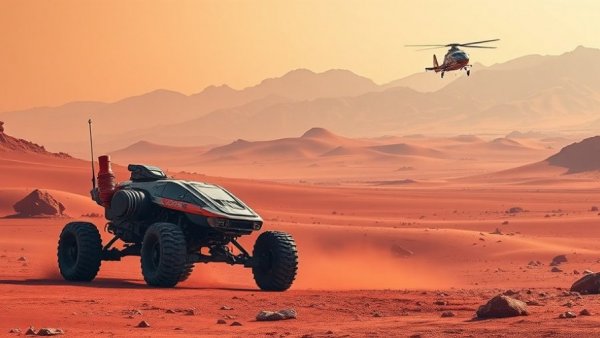 Mars Sample Return Mission with rover and spacecraft on Mars.