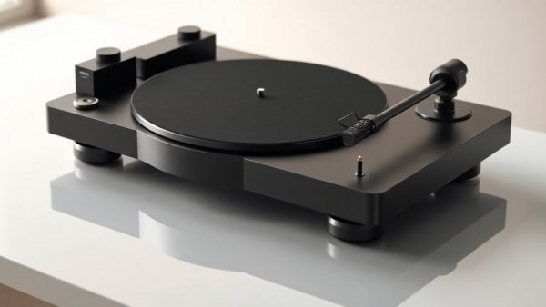 Sleek black turntable showcasing consumer technology in a studio.