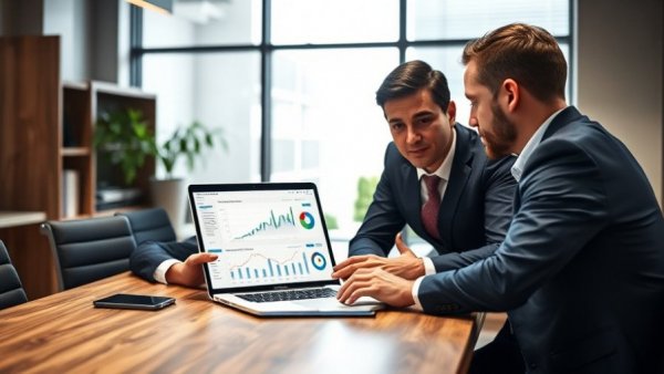 Data-driven innovation in enterprises: professionals discussing in a meeting room with a laptop displaying charts.