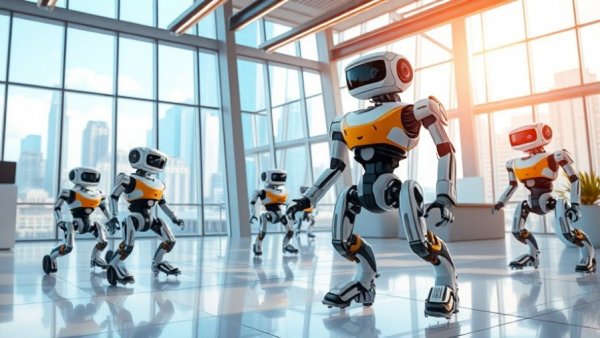 AI robots testing navigation systems in a futuristic lab.