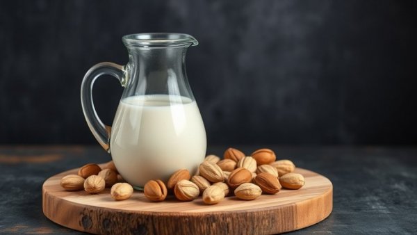 Glass pitcher with milk and nuts; nutrition benefits.