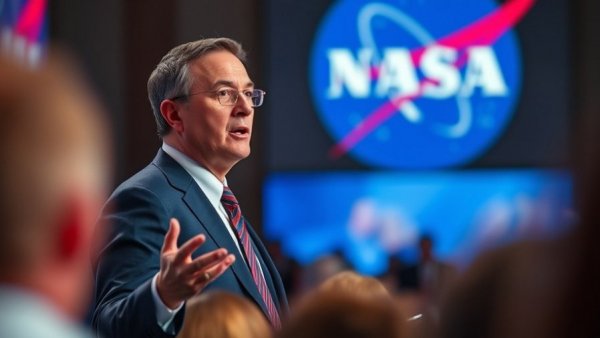 NASA Artemis 2 Mission presenter speaking at event, NASA logo visible.