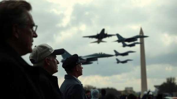 Silhouetted figures observe aircraft by the Washington Monument.