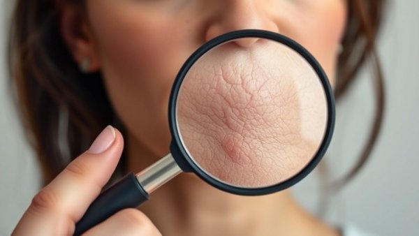 Close-up on dry skin under magnifying glass for winter skincare tips.