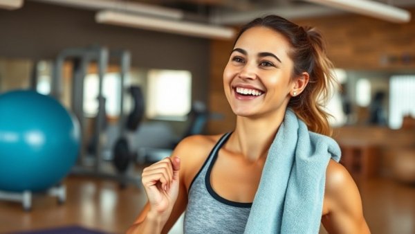 Happy woman at gym maintaining consistent fitness habits.