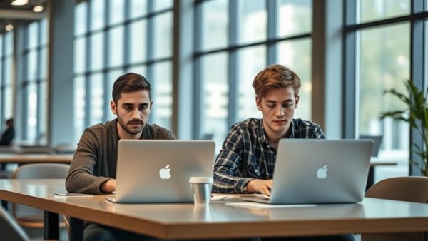 Two young men working with laptops in a modern office, home robotics.