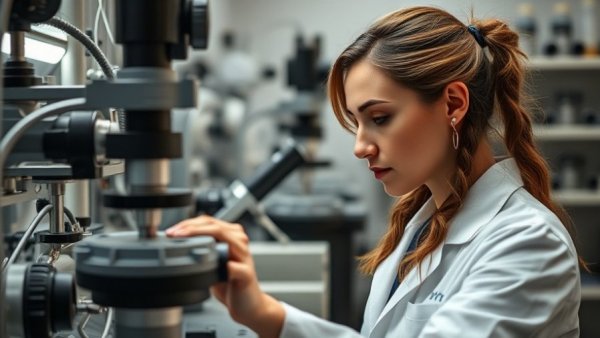 Focused woman adjusting scientific equipment in biomanufacturing 3-HP lab.