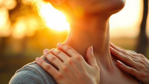 Woman easing neck and shoulder pain in sunlight.