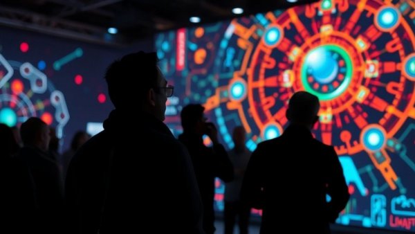 AI-themed display at a tech event observed by silhouettes.