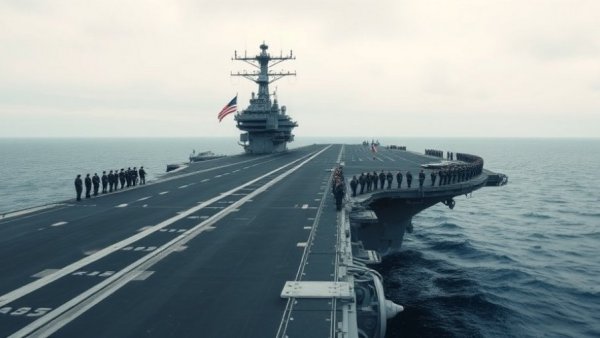 U.S. Navy supercarrier operations with crew on deck in overcast weather