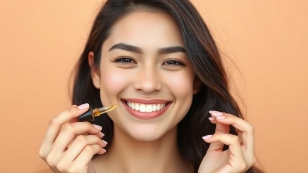 Young woman layering serums on skin with a dropper