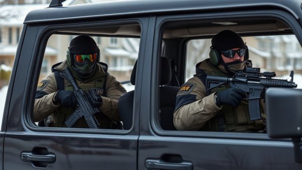 ICE tactical officers in camo observing from vehicle complying with emergency lights regulations.