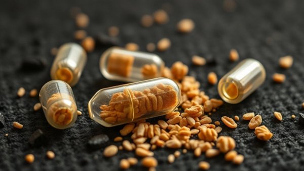 Close-up of biodegradable fertilizer capsules on dark surface.