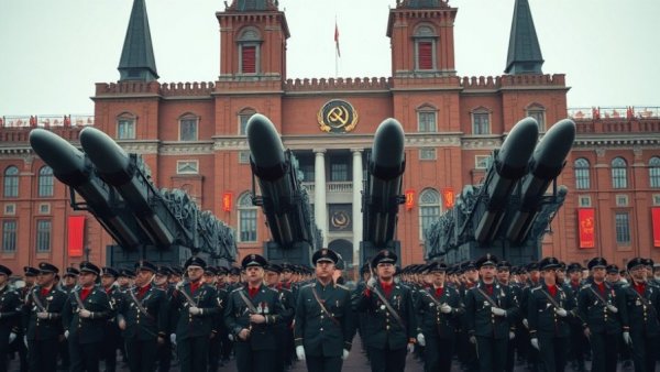 Military parade with missile launchers demonstrating nuclear arms race.