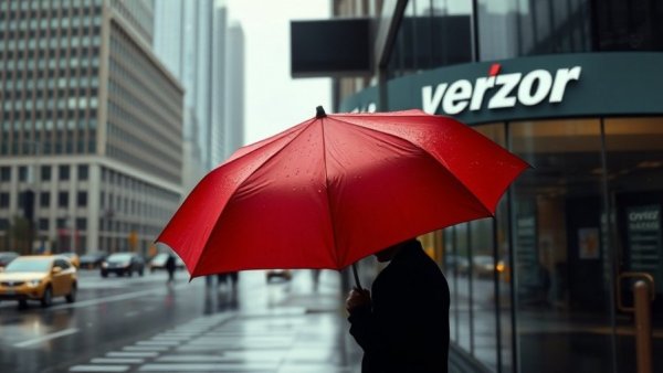 Rainy day silhouette at Verizon store, highlighting outage impact.