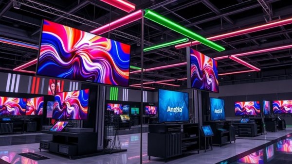 Modern technology exhibit with vibrant flat-screen TVs in a showroom.