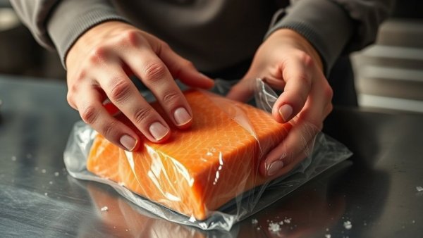 Hands thawing salmon fillets in a kitchen, demonstrating a thawing method for seafood.