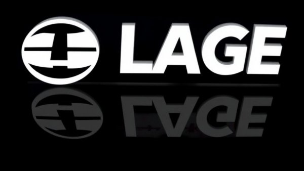 Minimalistic logo on glossy black surface, modern design.