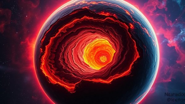 Cross-section of super-Earth with glowing hidden magma oceans.
