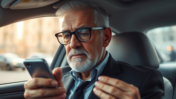 Elderly man with glasses using smartphone inside car, consumer technology