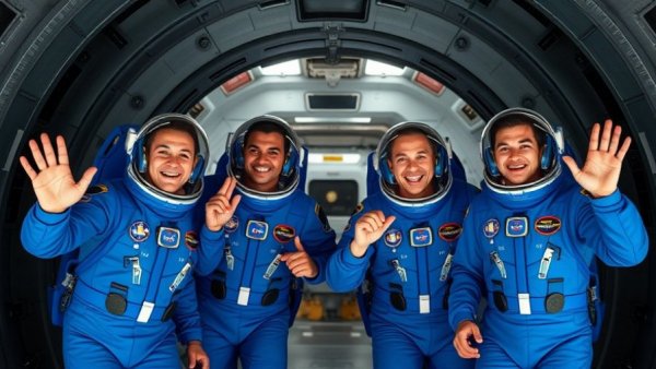 Astronauts waving during medical evacuation process.