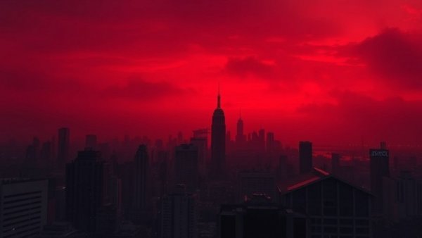 Eerie red-tinted city skyline representing cybersecurity threats.