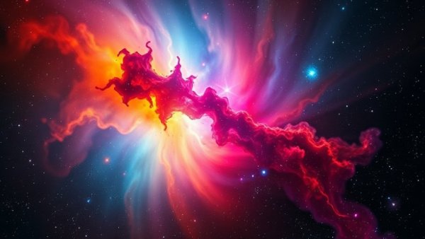 Vibrant cosmic nebula in space with colorful glow and stars.