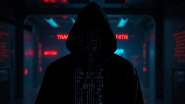 Digital hacking theme with shadowy figure and binary code.