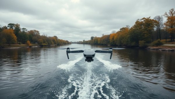 Sirius-82 drone boat navigating river under gray sky.