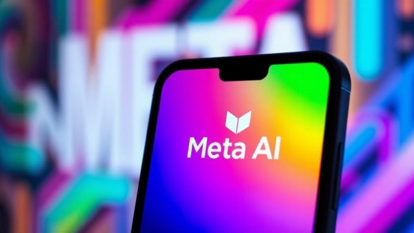 Meta AI logo on smartphone screen, vibrant tech theme.