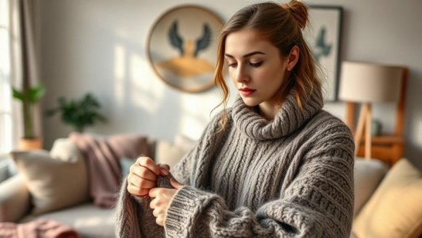 Young woman checks woolen clothing, preventing fungal and bacterial infections.