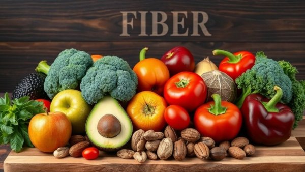Diverse high-fiber foods aiding diabetes management on dark wood.
