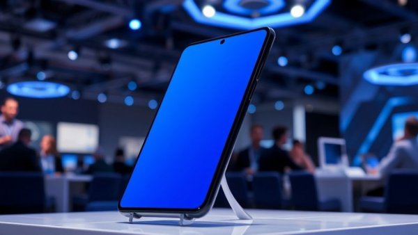 Samsung Galaxy S25 Ultra display at tech event, vibrant blue screen.