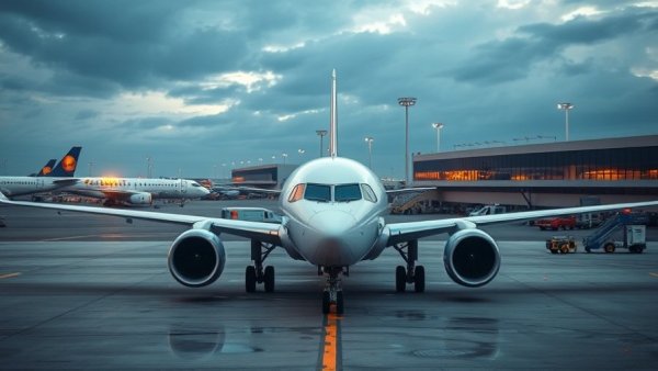 Modern airliner on tarmac at busy airport, record ticket sales in aviation