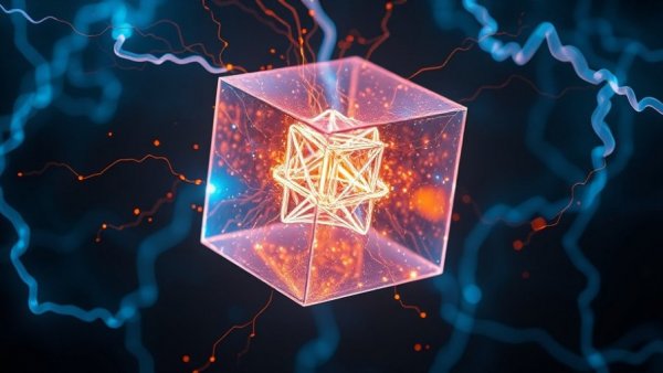 Futuristic cube with energy surges symbolizes quantum computing.