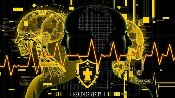 Conceptual collage of health privacy crisis with cybernetic and medical elements.