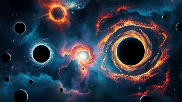 Colorful cosmic image illustrating black hole feeding frenzy.